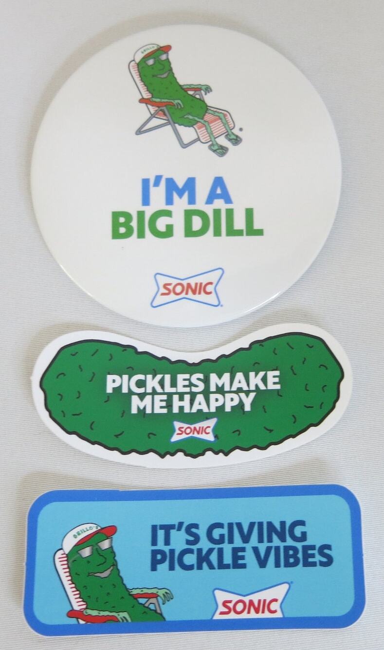 Sonic DriveIn Grillo's Pickles Promo Bundle Pin Stickers NEW Unreleased Big Dill